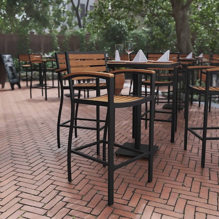 Flash Furniture Patio Bar Stool with Faux Teak Slats and Armrests XU-DG-HW6036B-ARM-GG